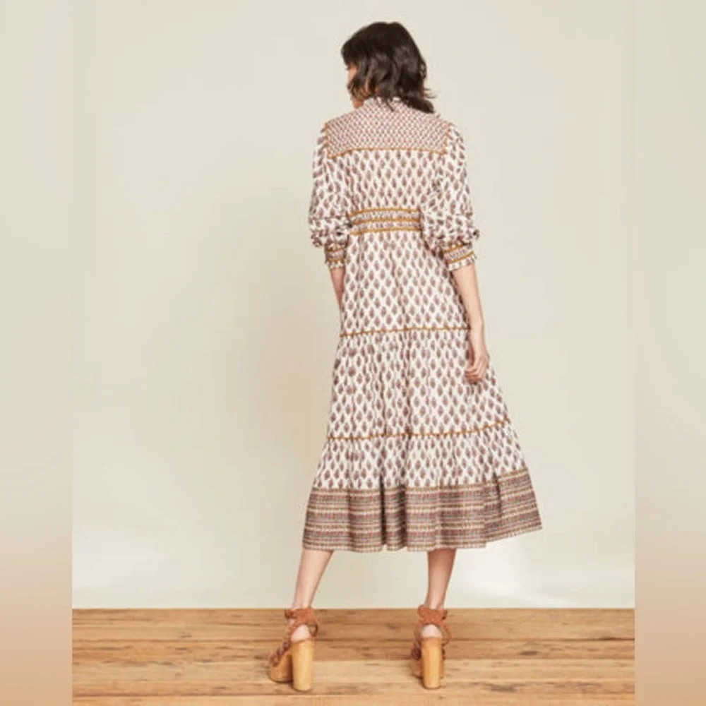Veronica Beard Alessandra Tiered Floral Cotton Midi Dress in Brown Sz:Medium